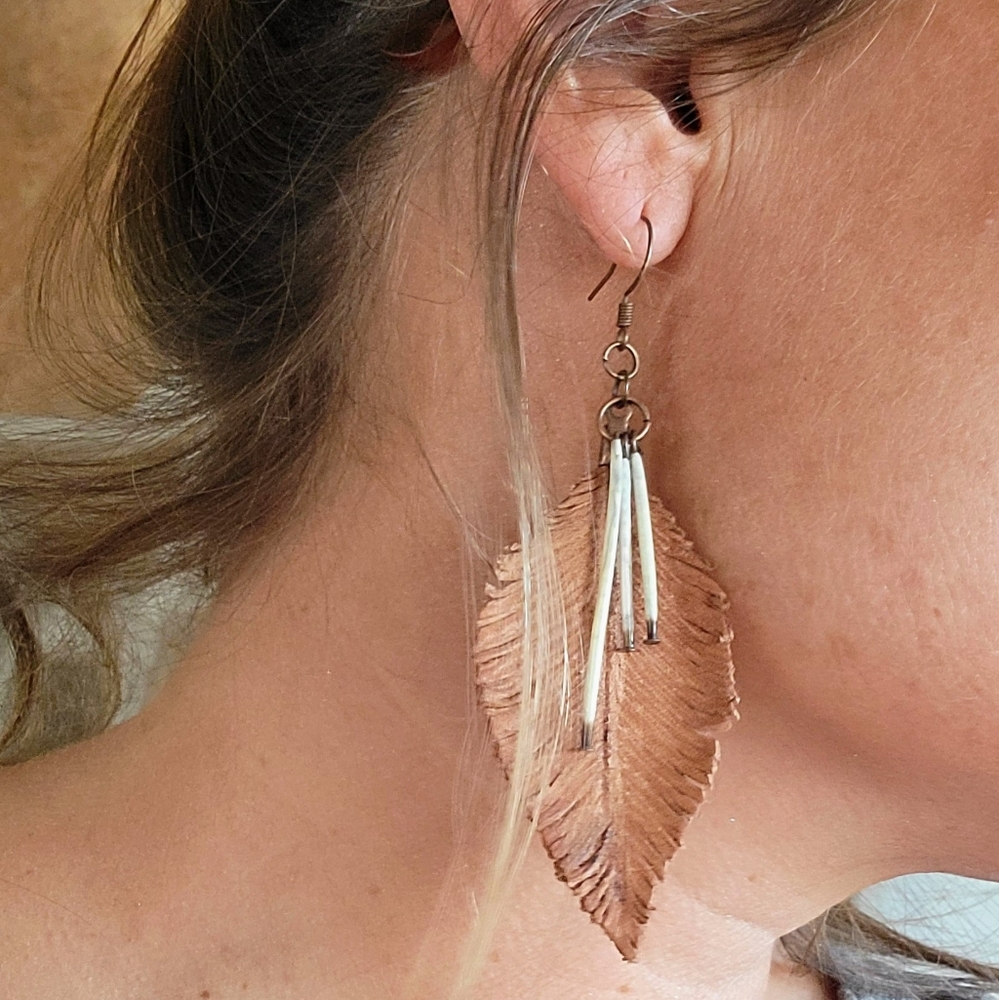 Leather feather earrings with porcupine quills